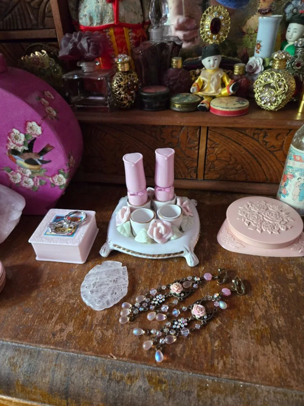 Vintage Porcelain White and Pink Rose Lipstick Holder Romantic Cottagecore